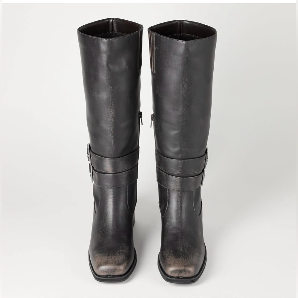The Drop Women's Sage Tall Biker Boot with Buckles, Distressed Cognac - Picture 3 of 11
